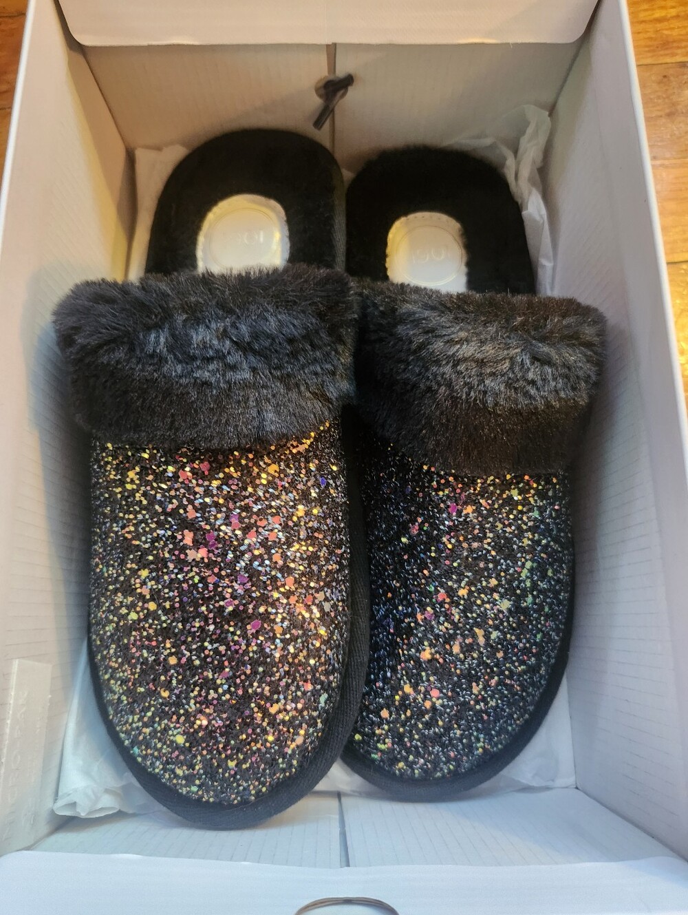 1901 Black Glitter Faux Fur Women's Slippers